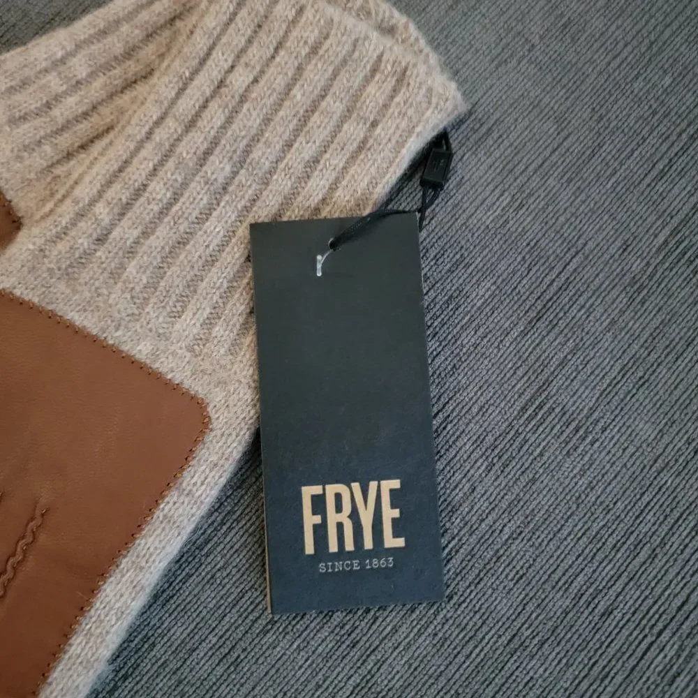 Frye Leather Patch Long Knit Wool Gloves Logo Cognac Brown Tan Size L/XL